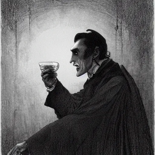 Image similar to dracula drinking coffee, creepy atmosphere, dark, portrait, realistic, very realistic, illustration by Gustave Doré