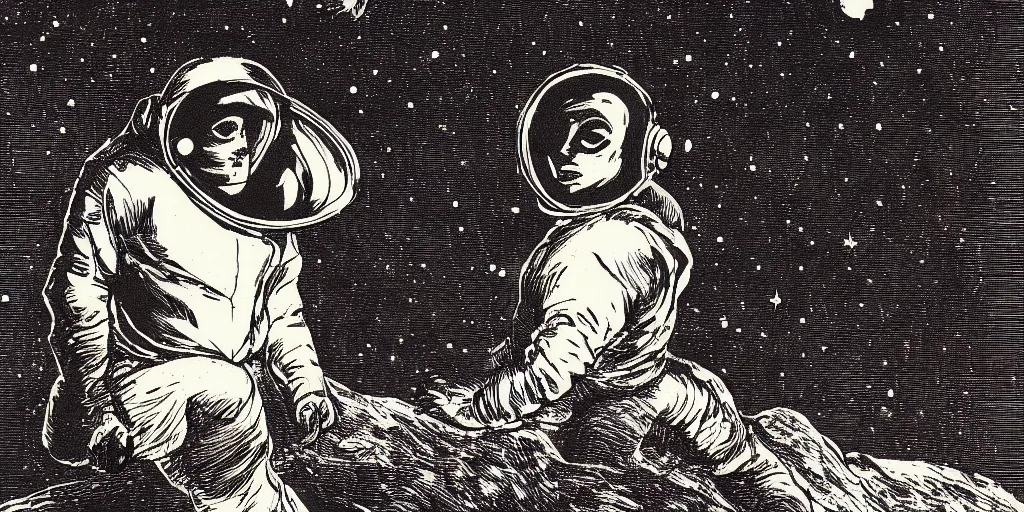 Image similar to portrait of a person wearing a space helmet on an alien planet, space and stars visible in the background, in the style of Goya etchings