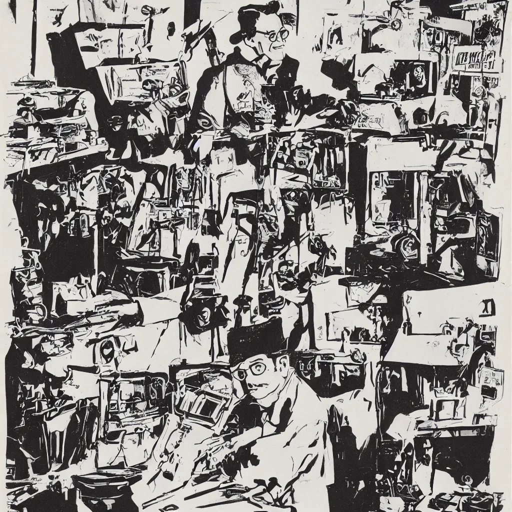 Image similar to 1 9 4 0 s advertising illustration of a proud animator inside his studio, bright colors, stencil art