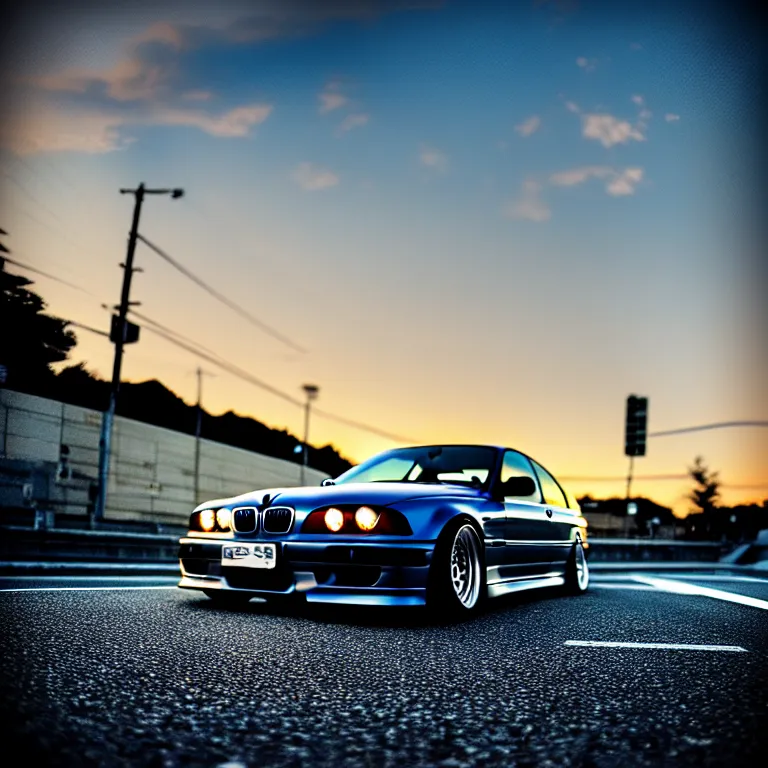 Image similar to close-up-photo BMW E36M middle of street, sunset kanagawa prefecture, night, cinematic color, photorealistic, highly detailed,