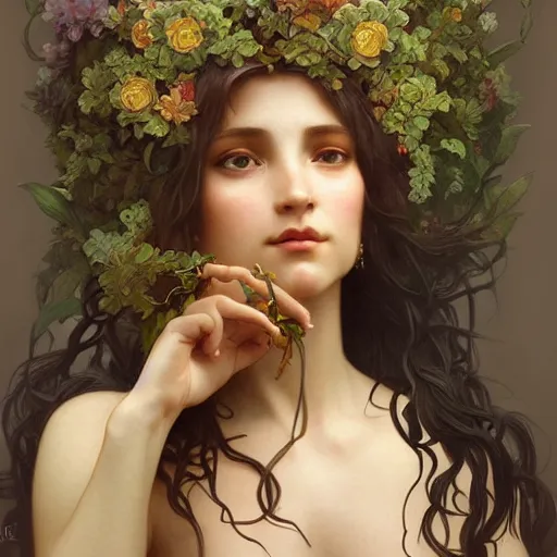 Image similar to portrait of gaea goddess, intricate, elegant, highly detailed, digital painting, artstation, concept art, smooth, sharp focus, illustration, art by artgerm and greg rutkowski and alphonse mucha and william - adolphe bouguereau