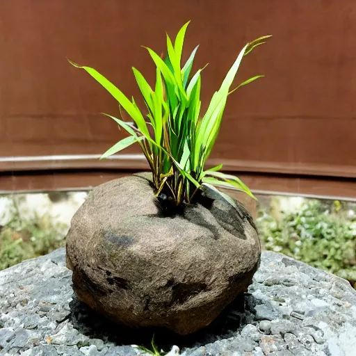 Image similar to space rock with bamboo growing out of it, Hiroaki Tsutsumi style