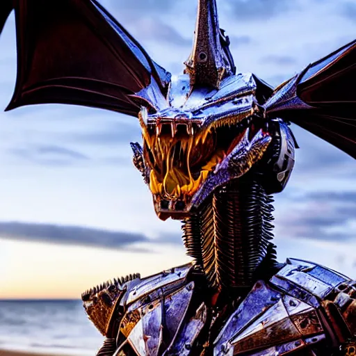 Image similar to chest up shot, realistic detailed stunning beautiful armored humanoid robot anthropomorphic female dragon, looking to the side with an elegant pose of hand on hip, smooth and streamlined armor and design made of steel, sharp claws and sharp teeth, high quality head, Slick LEDs, on the beach during sunset, high quality, cinematic art, sci fi, sunset lighting, 3D render, 8k, artstation, deviantart, furaffinity