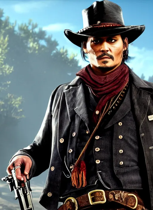 Image similar to johnny depp on red dead redemption 2 game poster,