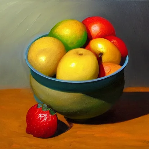 Image similar to a hyperrealistic painting of fruit in a bowl