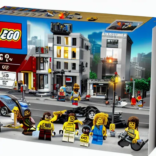 Prompt: Box art for a LEGO set of a gang confrontation in the streets