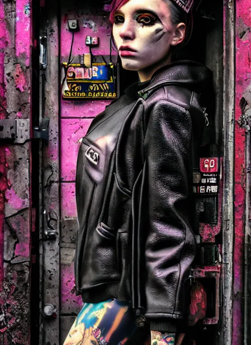 Image similar to portrait photo, 3 5 mm lomography, female doorwoman, gang clothing fashion, id magazine, by david bailey, hyperrealism, detailed textures, photorealistic, cyberpunk apocalyptic city, ultra realistic, cinematic, intricate, cinematic light, 8 k, david la chapelle, david kostic, artgerm