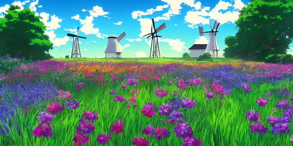 Image similar to scenic view of a flower meadow with a windmill, award - winning anime digital art