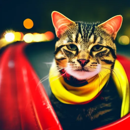 Image similar to a photo of a tabby cat riding a motorcycle, wearing a red helmet and a yellow scarf at night, 4k , highly detailed, award winning photo