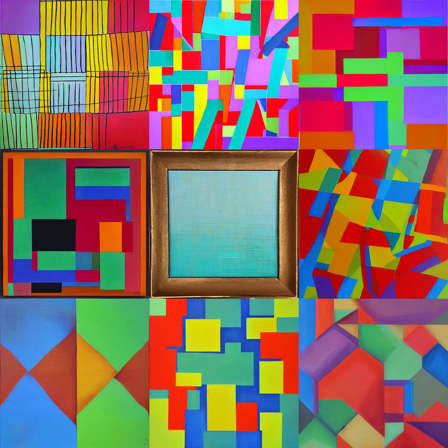 Prompt: irregular grid, colorful oil on canvas painting