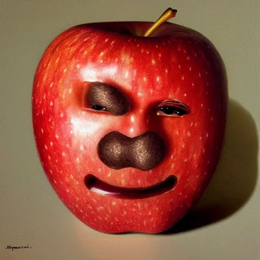 Prompt: apples arranged like steve jobs face, art by giuseppe