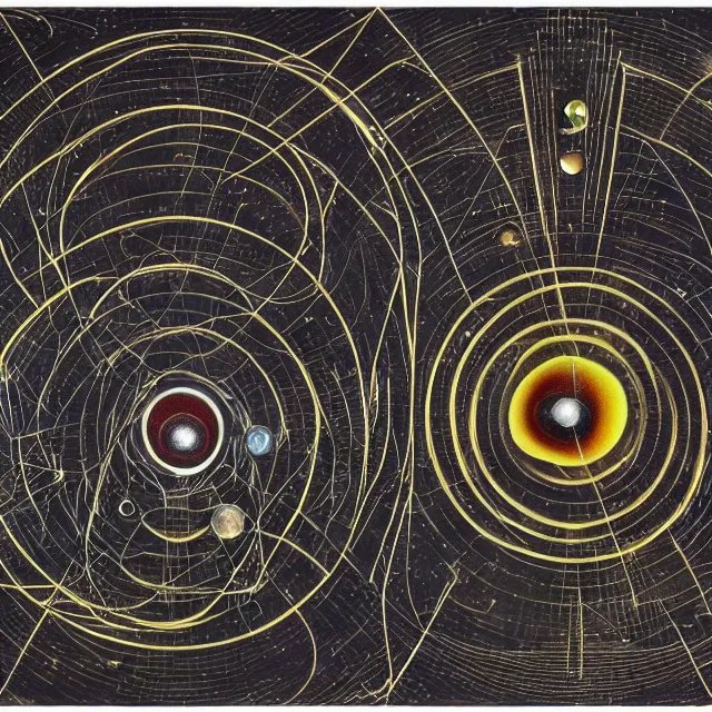 Prompt: photography of a molecule model made of planets by Lee Bontecou, psychedelic art, city map, star map, astrology, smoke, fluid simulation, sciFi