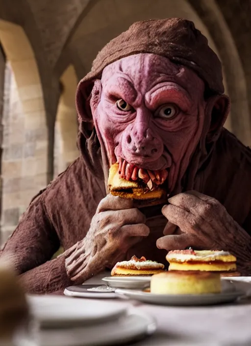 Prompt: closeup portrait of a medieval goblin eating cakes in the cloisters, depth of field, zeiss lens, detailed, symmetrical, centered, fashion photoshoot, by Annie Leibovitz and Steve McCurry, David Lazar, Jimmy Nelsson, Breathtaking, 8k resolution, extremely detailed, beautiful, establishing shot, artistic, hyperrealistic, beautiful face, octane render