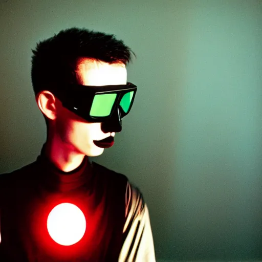 Image similar to kodak portra 4 0 0 photograph of a skinny goth nerd sitting in front of computer screen with face lit up, wearing goggles, moody lighting, telephoto, 9 0 s vibe, blurry background, vaporwave colors, faded!,