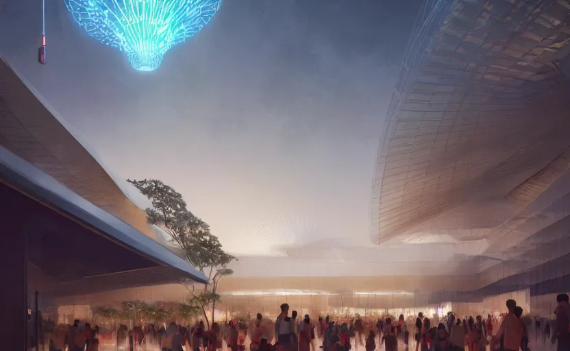 Prompt: singapore pavillion exterior at the next world expo designed by gensler, elegant atmosphere, glowing lights, highly detailed, digital painting, artstation, concept art, smooth, sharp focus, illustration, art by wlop, mars ravelo and greg rutkowski