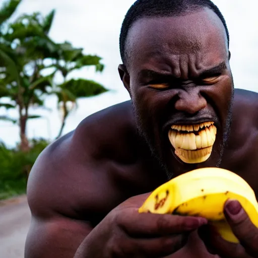 Prompt: big angry black maneating bananas in the hood, 8k resolution, full HD, cinematic lighting, award winning, anatomically correct