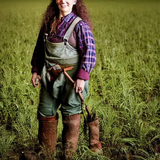 Prompt: portrait, a hardworking halfling female farmer, ragged clothes, standing in a field