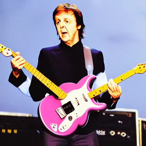 Image similar to Paul McCartney playing a Squier Hello Kitty Stratocaster, 8k, high definition, highly detailed, photorealistic