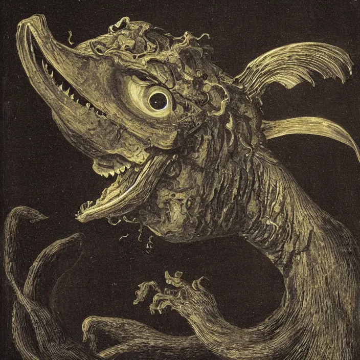 Prompt: close up portrait of a mutant monster creature with anglerfish facial features, bioluminescent nose by jan van eyck, audubon