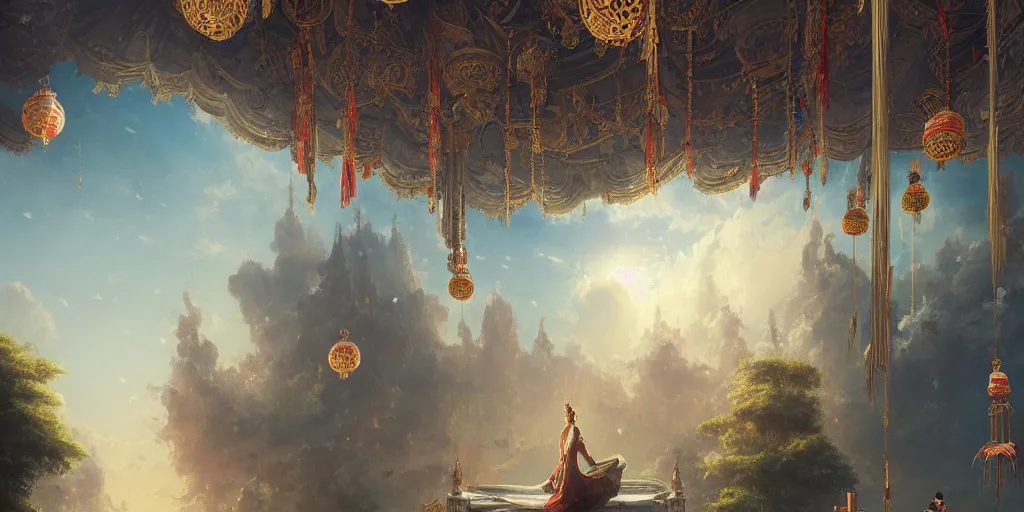 Image similar to painting of a god of wind enjoying his ornate heavenly palace, decorated with windchimes and paper lanterns, stunning nature in background, cinematic, 8 k, hyper detailed, art by greg rutkowski