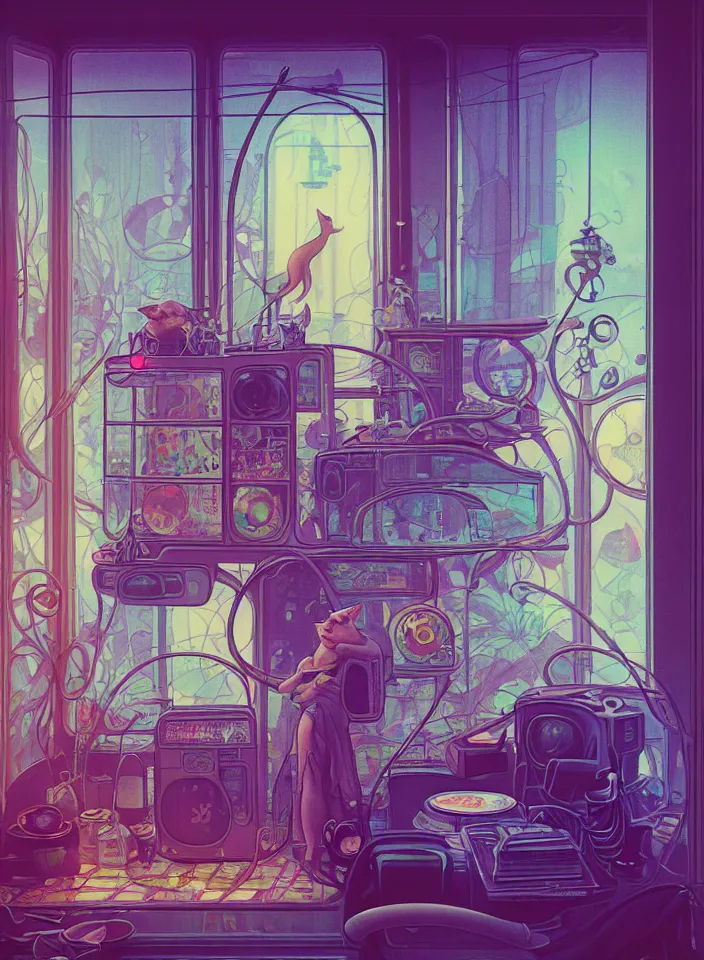 Image similar to telephoto 7 0 mm f / 2. 8 iso 2 0 0 photograph depicting the feeling of chrysalism in a cosy safe cluttered french sci - fi ( ( art nouveau ) ) cyberpunk apartment in a pastel dreamstate art cinema style. ( cat ) ( ( fish tank ) ), ambient light.