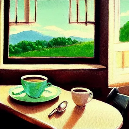 Image similar to “ nostalgic painting of a breakfast table with a steaming cup of coffee and a newspaper. the window behind it shows a green idyllic hill with a road on it, and families walking to school. realistic style. ”