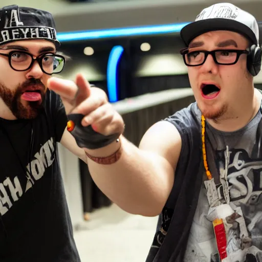 Prompt: a stereotypical nerd rap battles a stereotypical gamer geek at a convention, hd, standoff