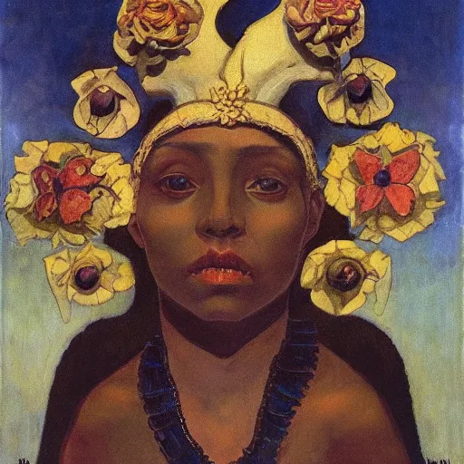 Image similar to the bone crown, by Annie Swynnerton and Nicholas Roerich and Diego Rivera, dark skin, elaborate costume, flowers, iridescent beetles, rich color, dramatic cinematic lighting, smooth, sharp focus, extremely detailed