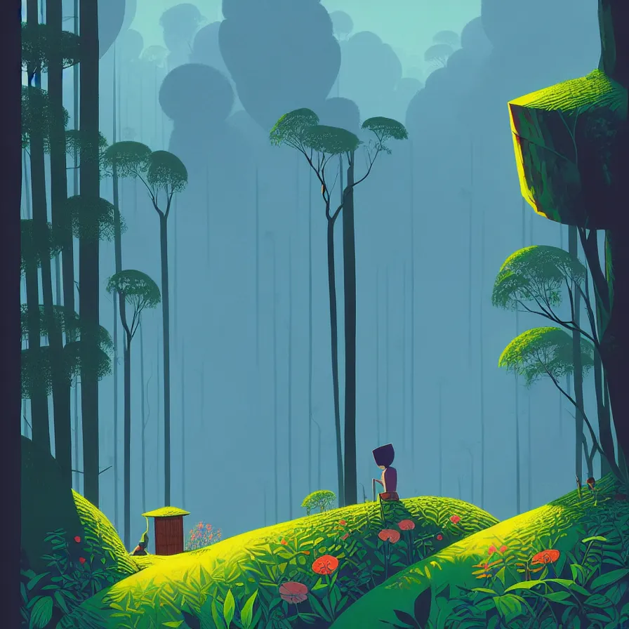 Image similar to ( ( ( gediminas pranckevicius ) ) ), bukit perak jungle summer morning, very coherent and colorful high contrast art by james gilleard floralpunk screen printing woodblock, dark shadows, pastel color, hard lighting