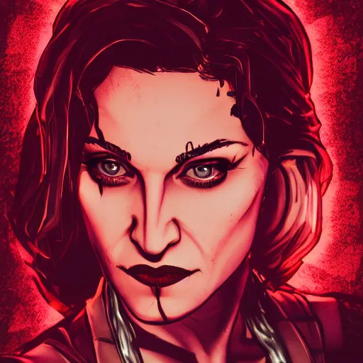 Image similar to madonna portrait, borderlands, tales from the borderlands, the wolf among us, comic, cinematic lighting, studio quality, 8 k