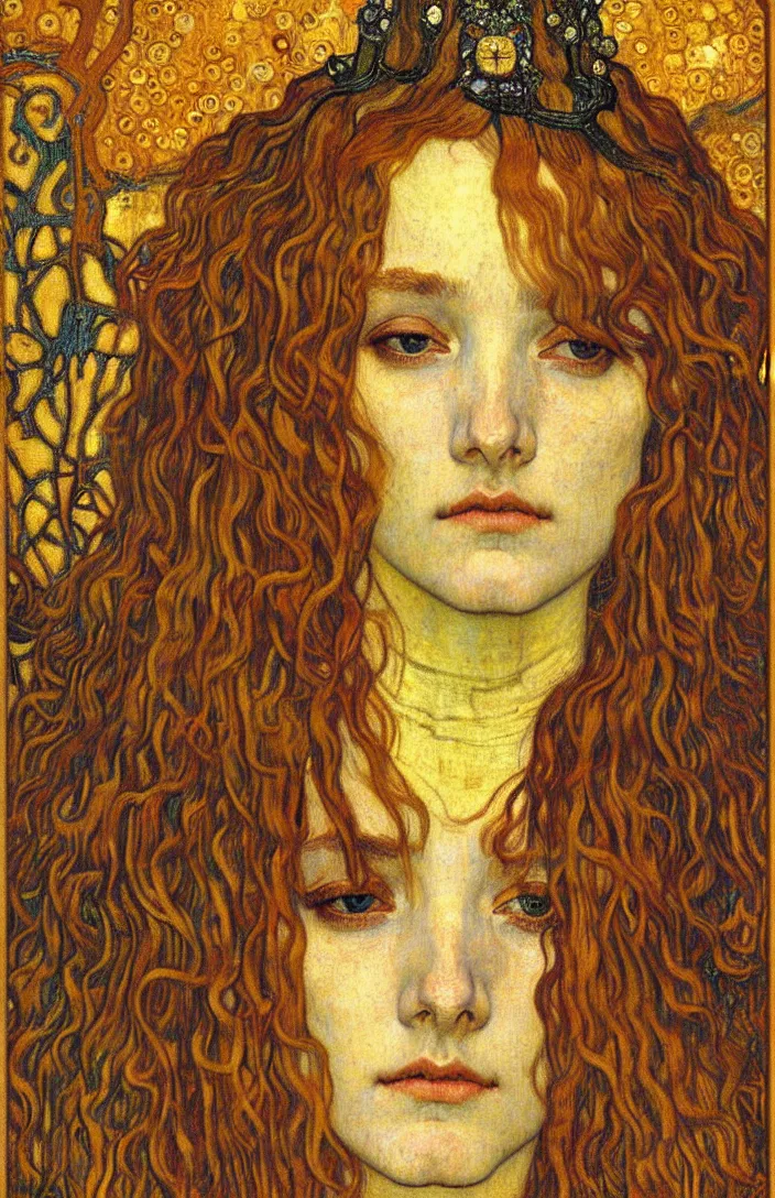 Image similar to detailed realistic beautiful young medieval queen face portrait by jean delville, gustav klimt and vincent van gogh, art nouveau, symbolist, visionary, gothic, pre - raphaelite, muted earthy colors, desaturated