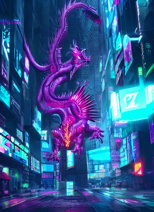 Prompt: cyberpunk neon dragon in night city, ultra detailed, trending on artstation, concept art, octane render, unreal engine,