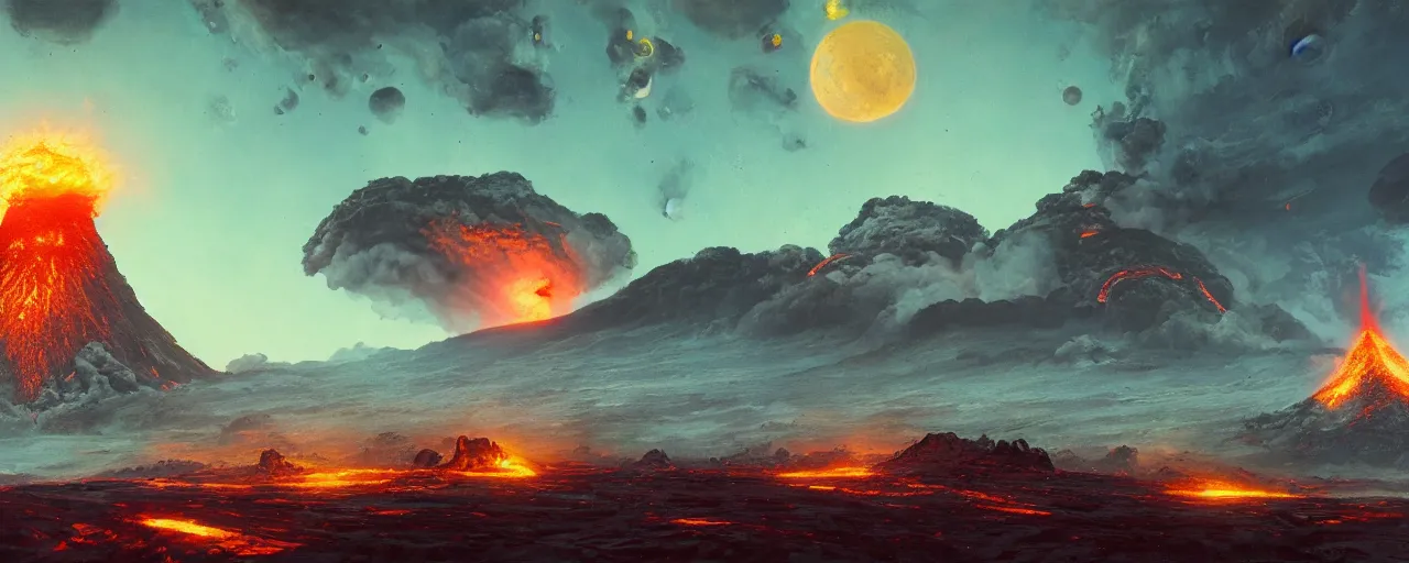 Image similar to ” outer planet with erupting volcanoes, [ art by paul lehr, cinematic, detailed, epic, widescreen, opening, establishing, mattepainting, photorealistic, realistic textures, octane render ] ”