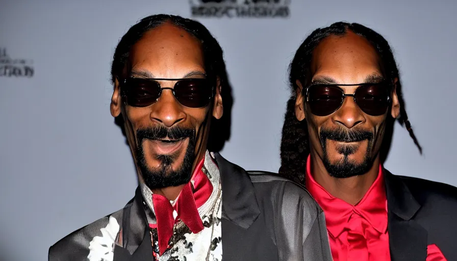Prompt: Snoop Dogg smiles sweetly, with big red eyes