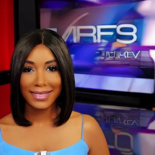 Image similar to a fullbody shot of a beautiful, african - hispanic female news anchor, with a bob cut, ultra hd, high definition, high quality, crisp, sharp, smooth, 8 k resolution