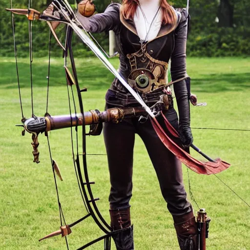 Prompt: full body photo of emma stone as a steampunk archer