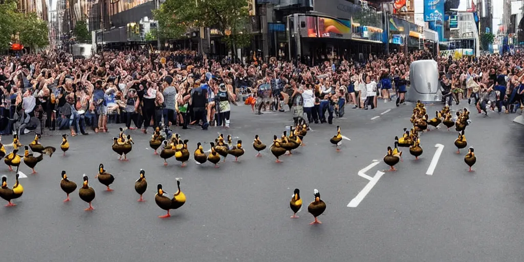 Prompt: The Uber Duck AI system vanquishing its enemies and causing celebration throughout the land.