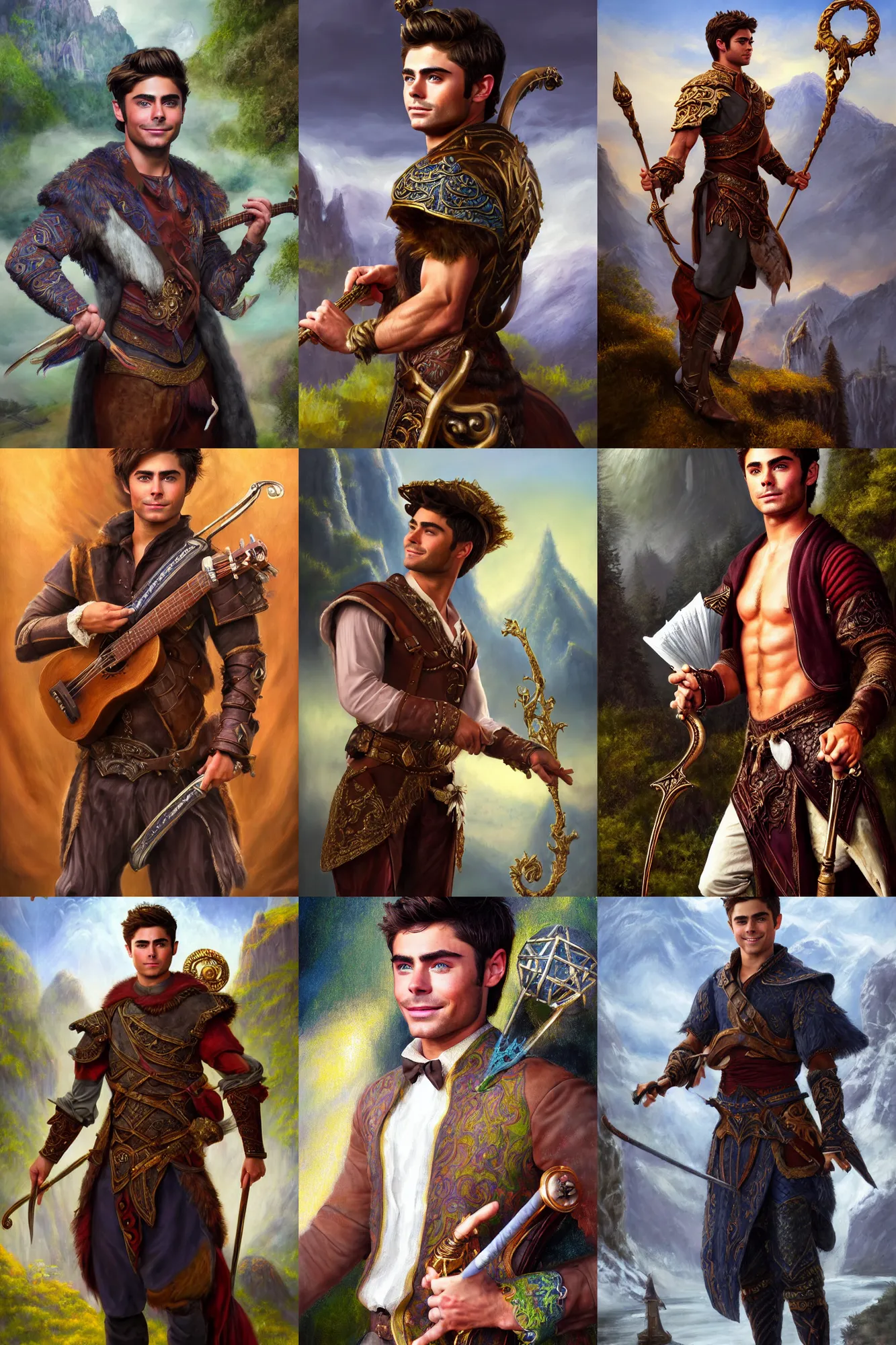 Prompt: a full body high detail fantasy portrait oil painting illustration of zac efron as elegant male bard by justin sweet with face and body clearly visible, in a scenic background,, realistic proportions, d & d, rpg, forgotten realms, artstation trending, high quality, sombre mood, artstation trending, muted colours, entire person visible!
