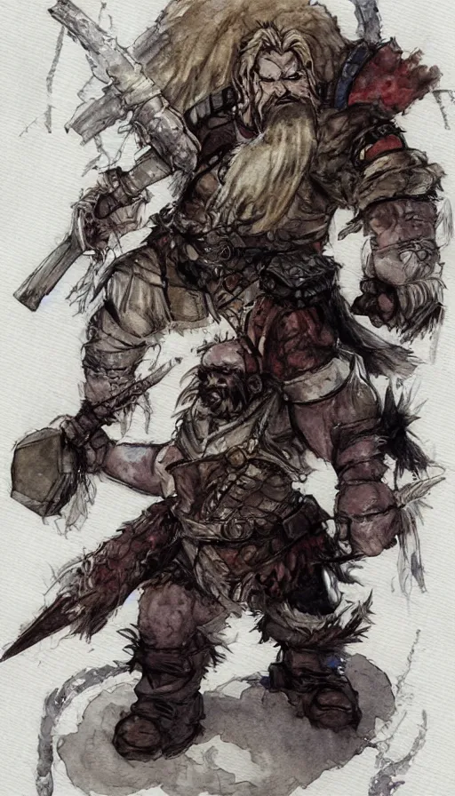 Image similar to Dwarf Barbarian, drawn by Yoji Shinkawa, water color, Dungeons and Dragons, Wizards of the Coast