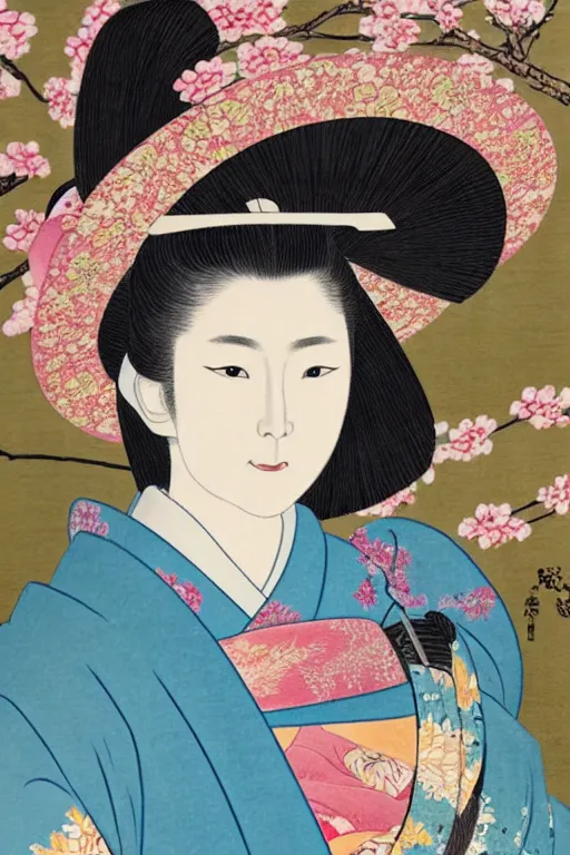 Prompt: a japanese queen portrait wearing a kimono in the art style of japan, with cherry blossom trees in the background, incredibly detailed and beautiful painting