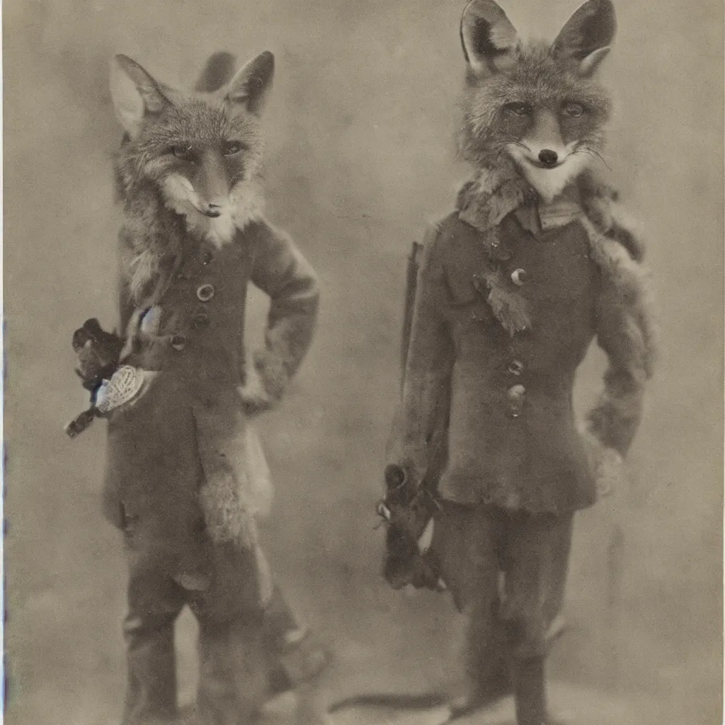 Prompt: anthropomorphic fox ww 1 veteran, anthro, furry, 1 9 2 0 s photograph