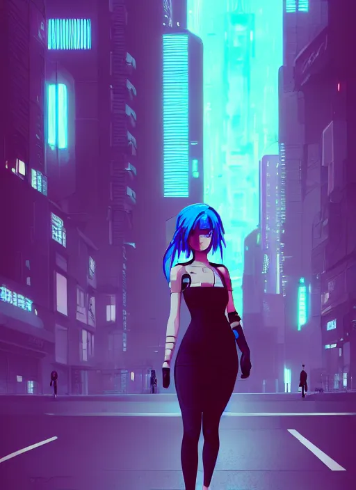 Image similar to digital illustration of cyberpunk pretty girl with blue hair, wearing a tight black dress, in city street at night, by makoto shinkai, ilya kuvshinov, lois van baarle, rossdraws, basquiat