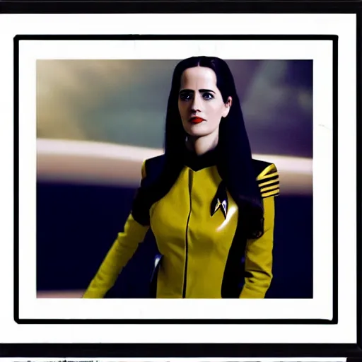 Prompt: a beautiful full body photograph of younger eva green as a star fleet officer from star trek next generation, extreme realism and detail, 8 k, completely framed, direct lighting, 3 5 mm photo, photorealistic, sharp focus