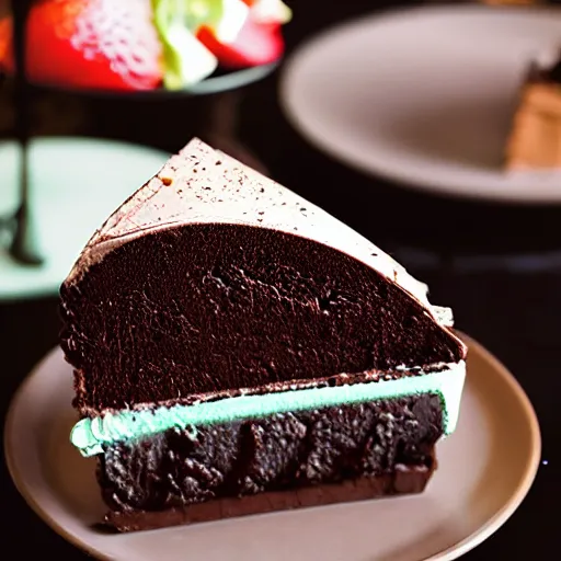 Image similar to “Food photography of “chocolate mint mousse cake” with garnishes, 85mm f1.2, extremely detailed”