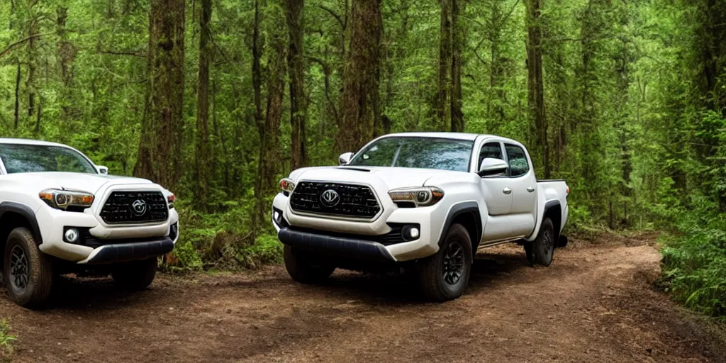 Prompt: Toyota Tacoma as an SUV driving on a forest road