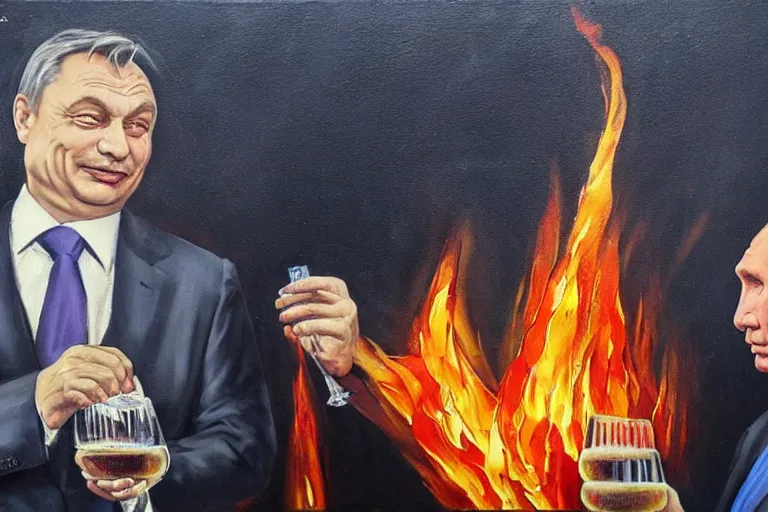 Image similar to viktor orban drinking champagne with putin in front a burning city, oil painting