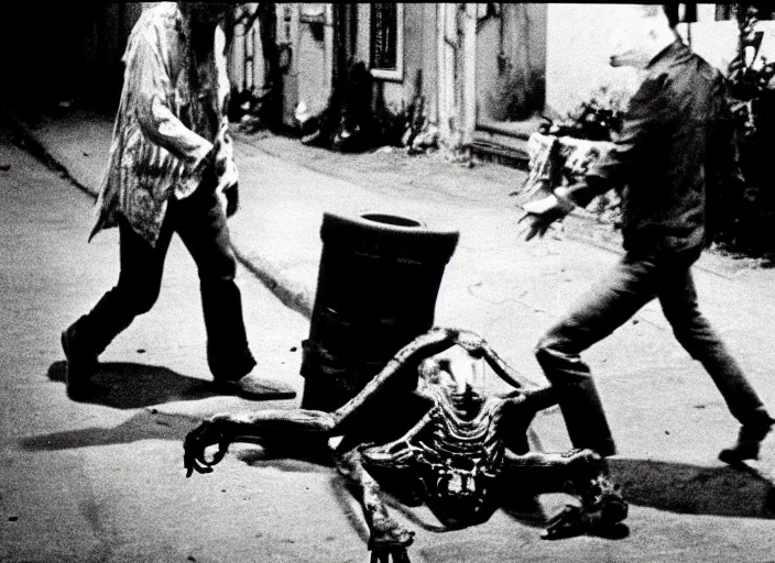 Image similar to disturbing 3 5 mm photo kodak of a human corpse walking in the stree horror film practical fx by john carpenter 1 9 7 0