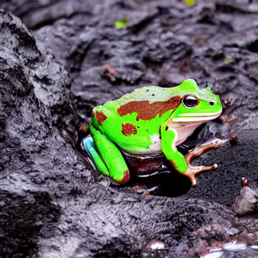 Prompt: screaming frog splits a lava lake