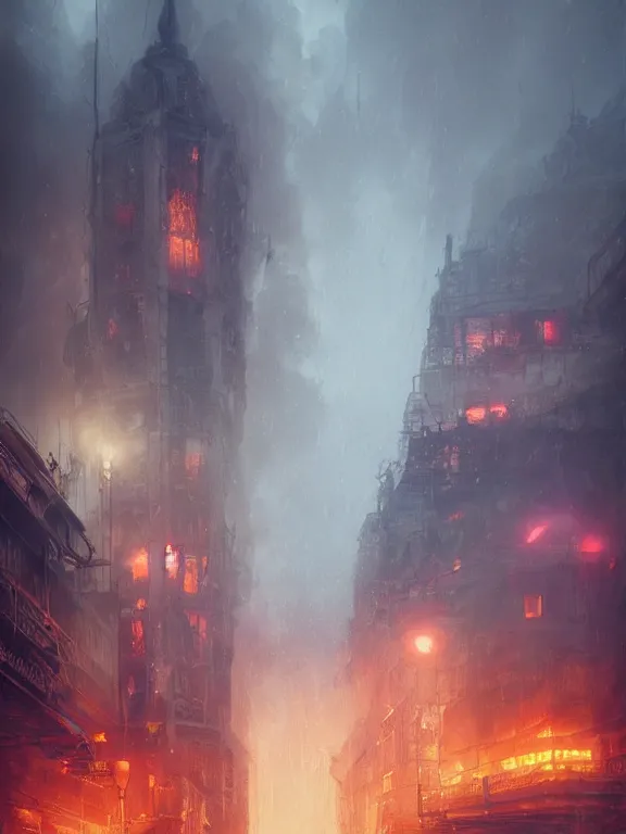 Image similar to photo of 8k ultra realistic burning city of London, heavy storm, rain, full of colour, cinematic lighting, battered, trending on artstation, 4k, hyperrealistic, focused, extreme details,unreal engine 5, cinematic, masterpiece, art by Peter Mohrbacher