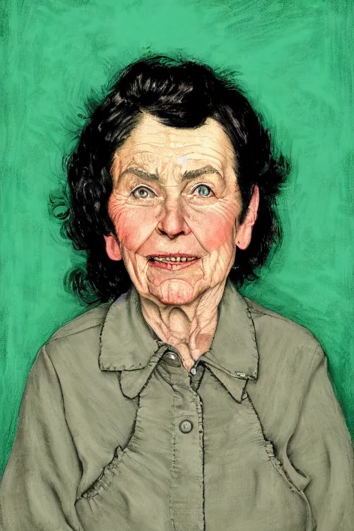 Prompt: portrait study! of a middle agedwoman!! black hair!!! button up shirt! overalls!!! freckles! green background! by norman rockwell!!!